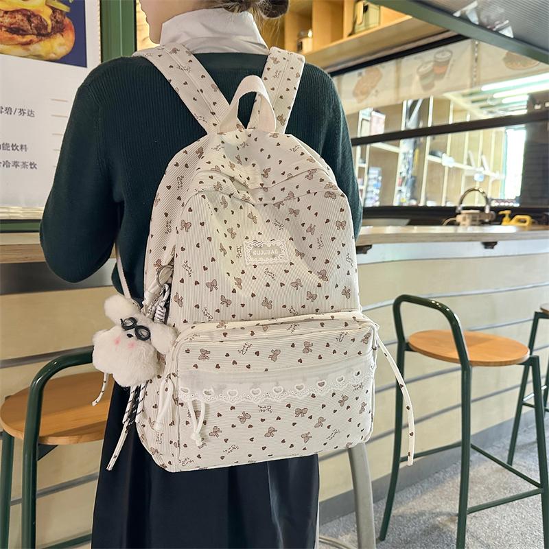 College Style Bow Print Schoolbag Women's Corduroy Backpack Large Capacity Student Backpack