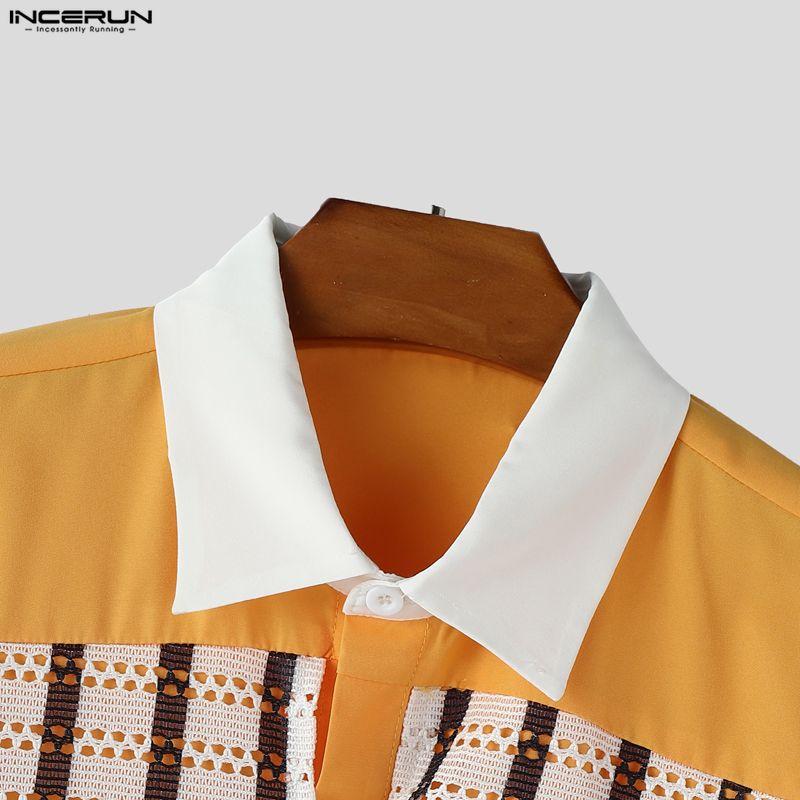 INCERUN Men Lapel Neck Short Sleeve Stitching Lace Splicing Casual Oversized Shirts