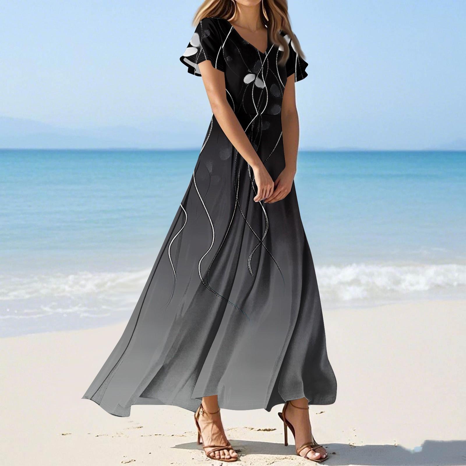 Women s Floral Maxi Dress, Elegant V-Neck Short Sleeve Summer Dress, Lightweight Bohemian Long Dress for XXL