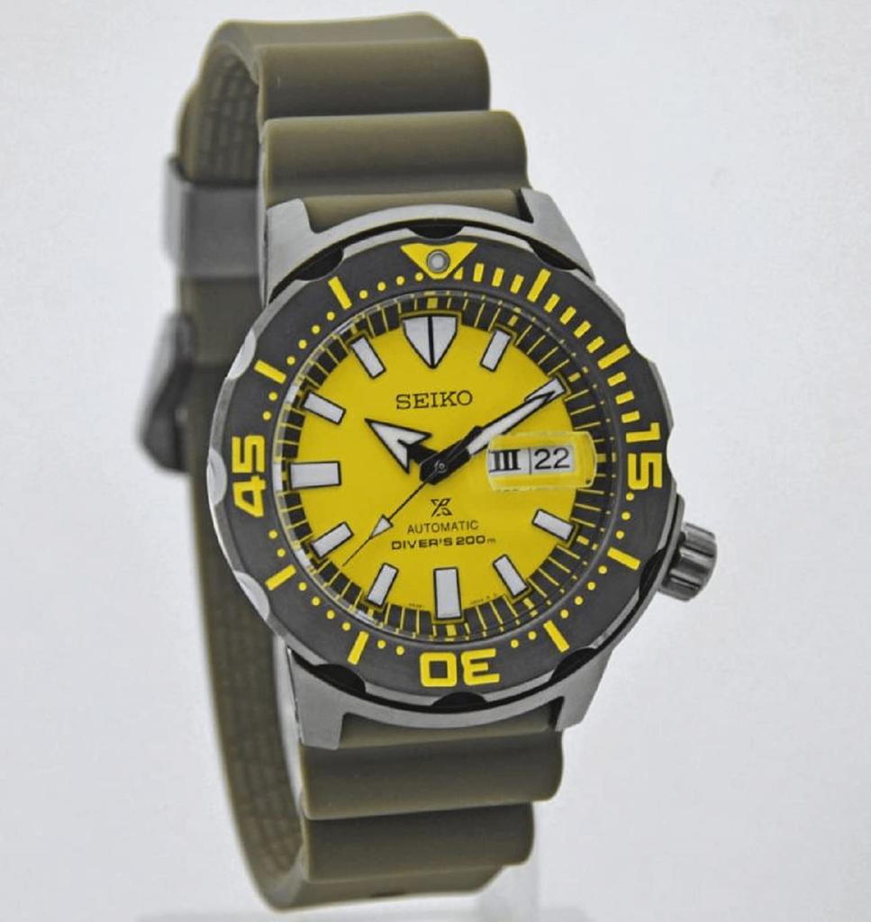 Seiko Prospex Monster 200m Automatic Gray Plated Case Yellow Dial Watch Diver's SRPF35K1, Diver.
