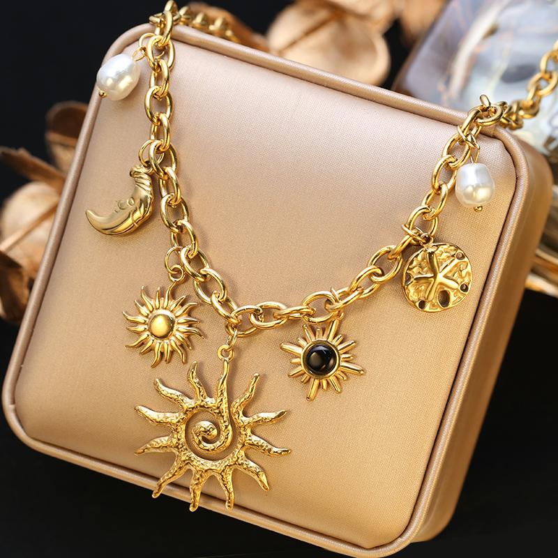 EILIECK 316L Stainless Steel Sun Heart Flower Pendant Necklace 18K Gold Plated Accessories Charm Handmade Jewelry For Women Girl