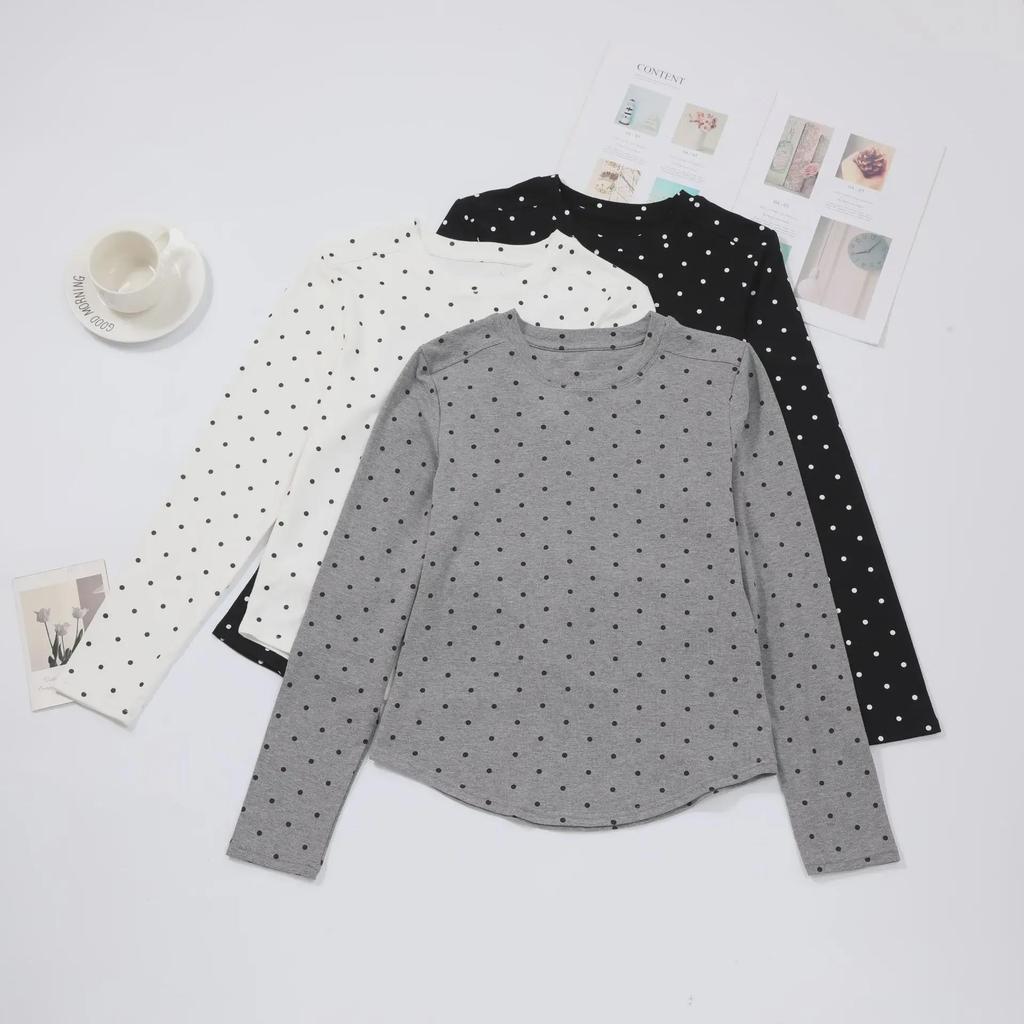 Polka Dot Long-Sleeve Round-Neck Women's Slim Fit Casual Top for Autumn/Winter.