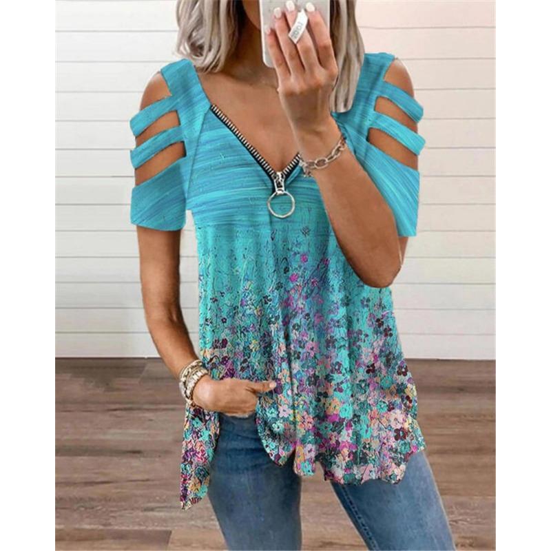 Fashion V-neck Zipper Printing Short Sleeved Loose Women T-shirt Elegant Off Shoulder Hollow Out Plus Size Blouse Female Vintage Slim Streetwear Top