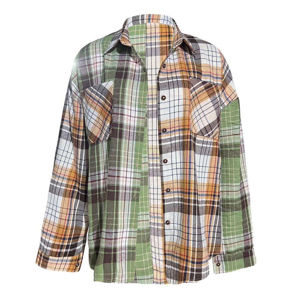Women's  Fashion Plaid Pocket Long Sleeve Plaid Button Shirt