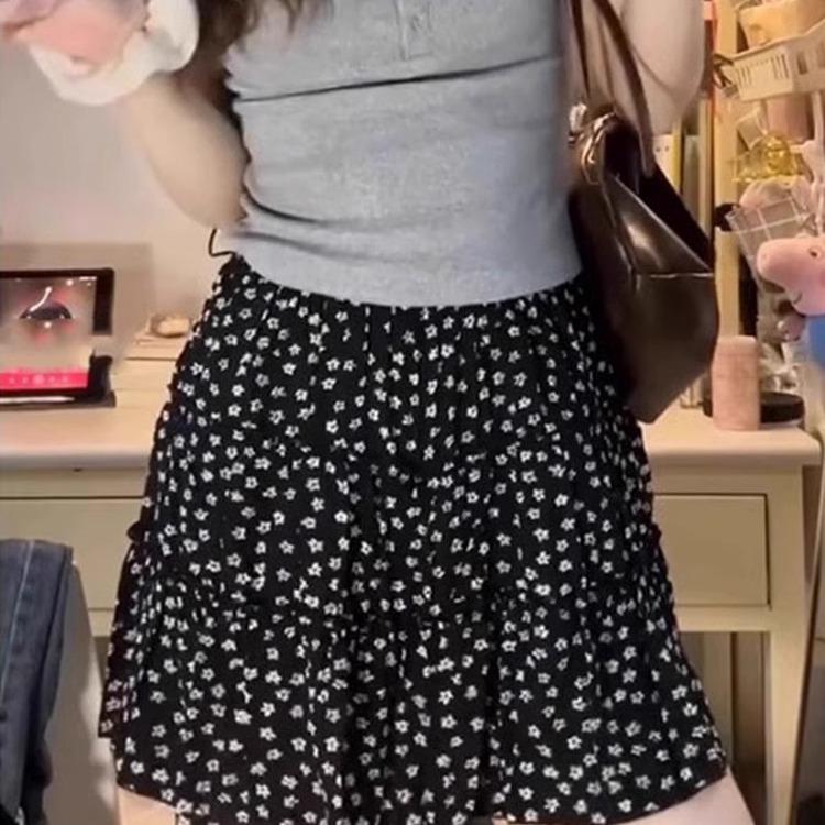 

Summer Women s Black Floral A-line Skort – High Waist Ballet Style Cake Skirt, 145 L (Recommended 106-115 jin)