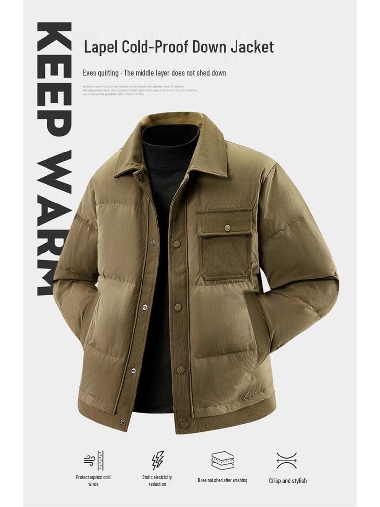 2025 Winter Men's Corduroy Patchwork Lapel Down Jacket - Thick Casual Baseball Style Outerwear