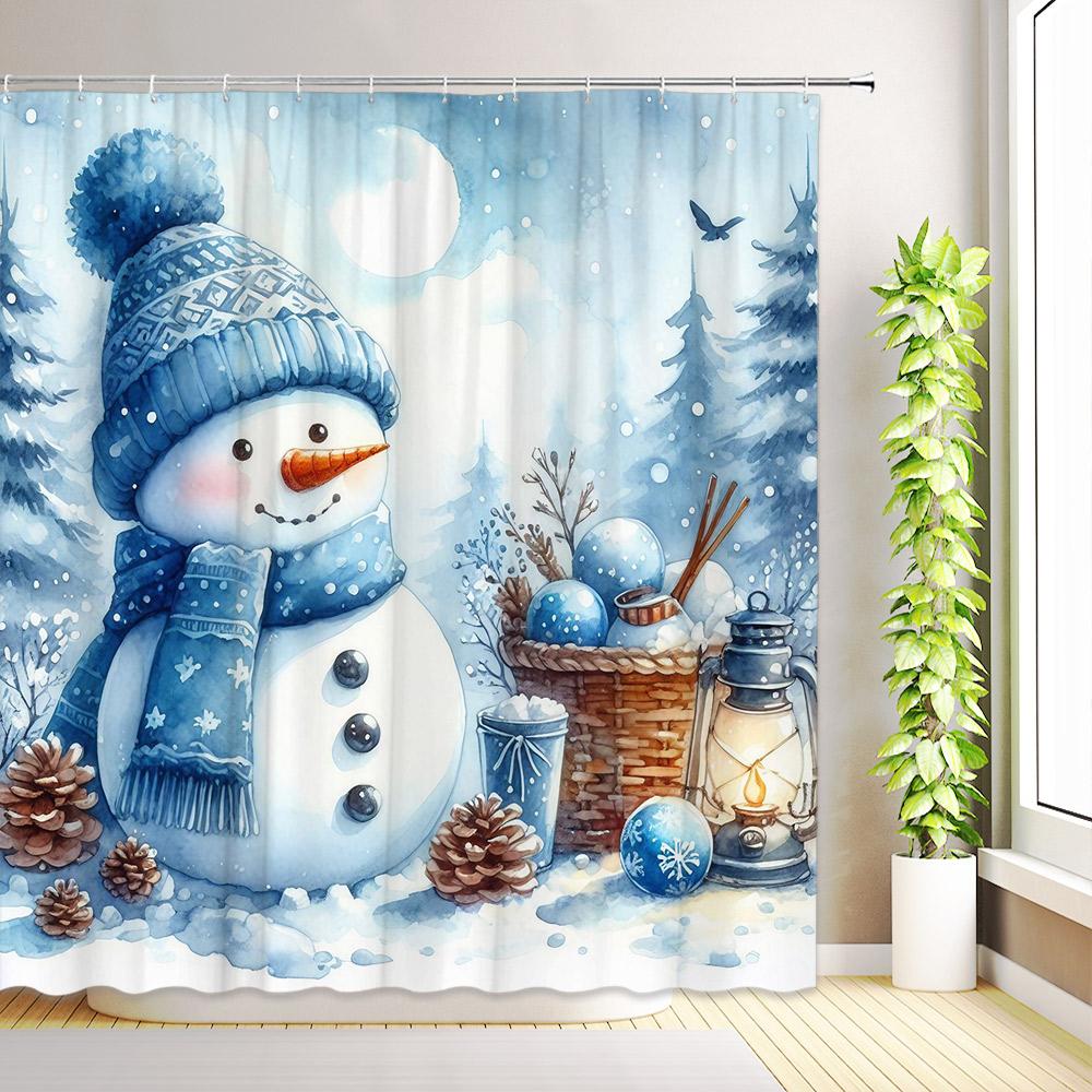 Christmas Cute Snowman Shower Curtain Birds Winter Snowflake Forest Snow Scenery Cedar Reindeer Xmas Bathroom Decor With Hooks