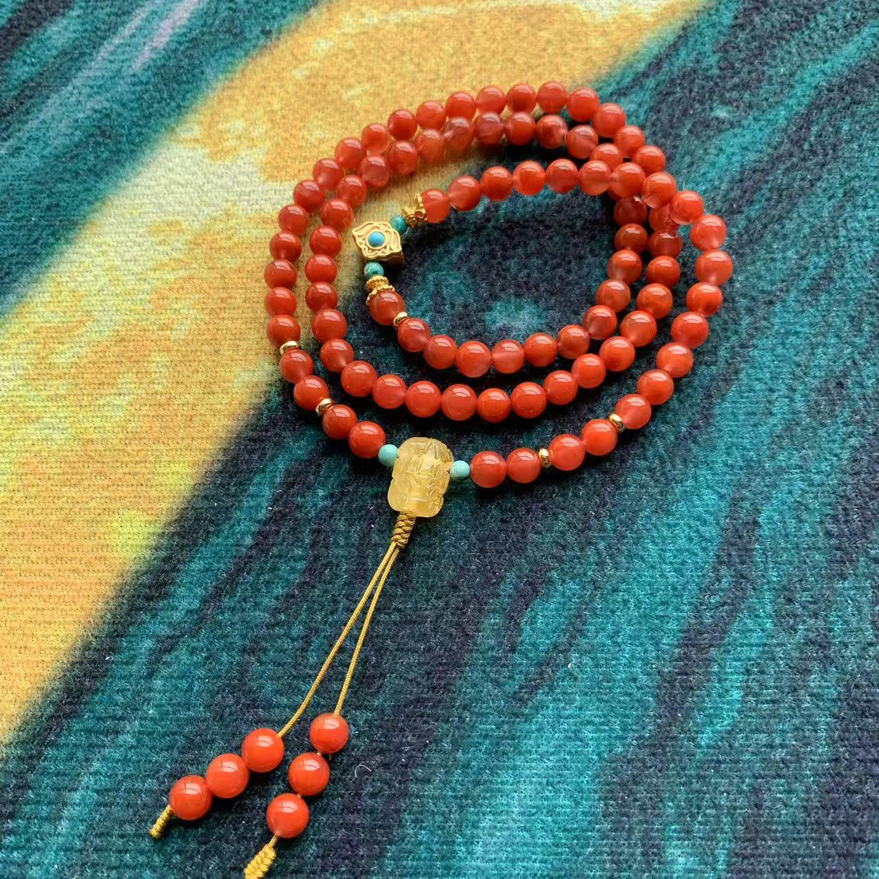 South Red Sichuan 6mm Bead Triple-Circle Bracelet with Amber Green Turquoise
