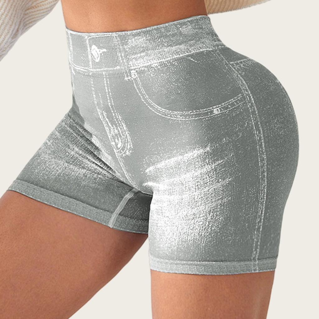 Shorts de Yoga Sexy Sans Coutures Imitation Denim pour Femmes Leggings de Sport pour la Course à Pied Féminins Ruchés Skinny Gym Fitness Pantalon Court