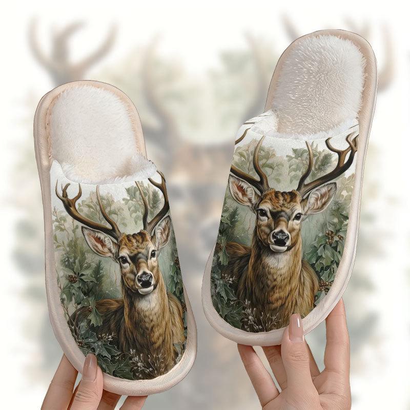 Forest Deer Pattern Cotton Slippers for Men and Women - Autumn/Winter Collection
