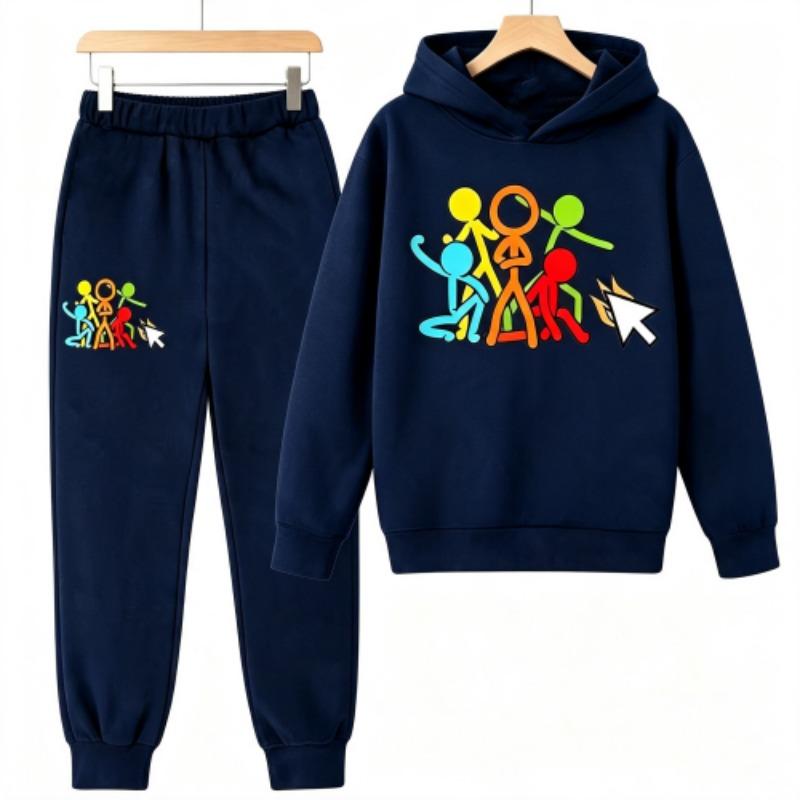 Creative Character Actions Print Kids Pullovers Pants 2-piece Set Street Casual Fashion Hoodies Vintage Boy's Girl Clothes