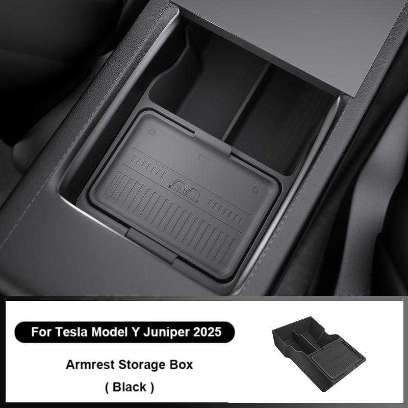 Boîte de rangement pour Console centrale de voiture Tesla modèle Y Juniper 2025, boîte de rangement pour accoudoir, plateau organisateur caché, tapis