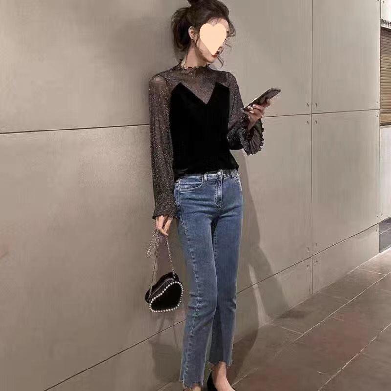 Velvet Top Women Spring Autumn Blouse Lace Glitter Thread Mesh Base Layer Shirt