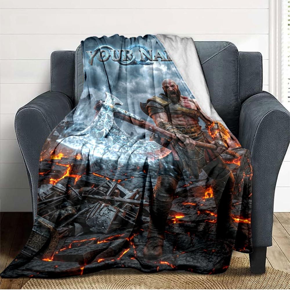 Name Custom Kratos God of War Print Flannel Blanket High Quality Warm Comfortable Cover for All Seasons Perfect for Gifts Home Decor
