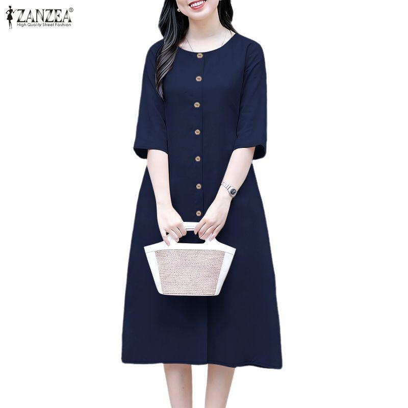 ZANZEA Women Casual Round Neck Solid Color 3/4 Sleeve Loose Dress