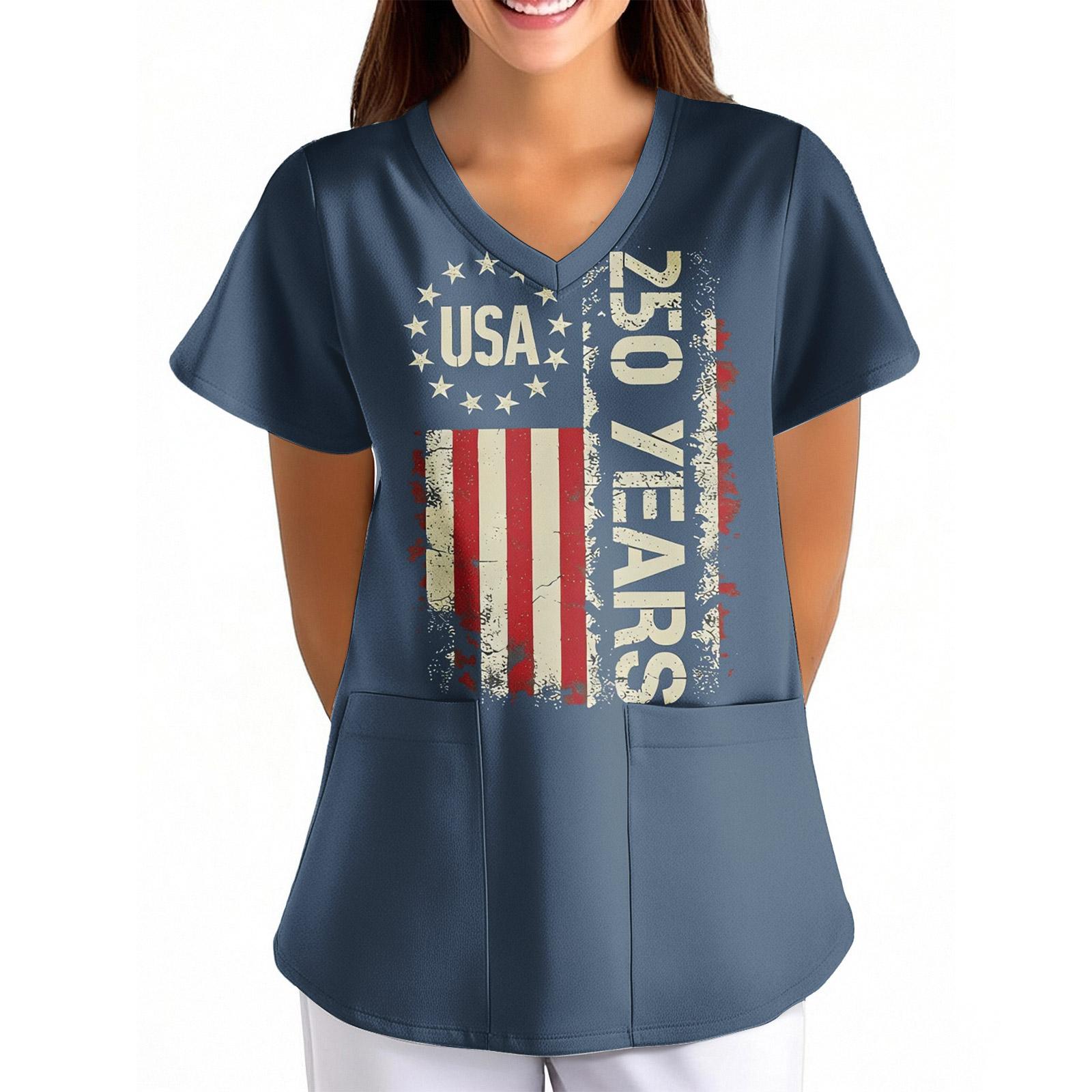 

Women s Independence Day Printed Loose V-Neck Pocket Short-Sleeve Caregiver/Uniform L