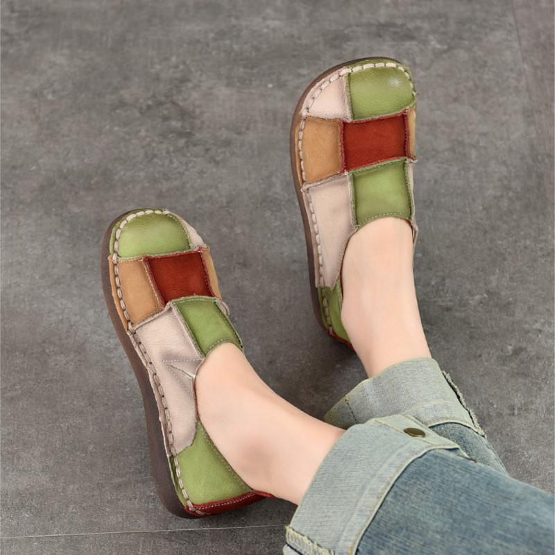 Johnature Retro Genuine Leather Mixed Colors Soft Soled Slip-on Shoes Versatile Round Toe Flat Shoes