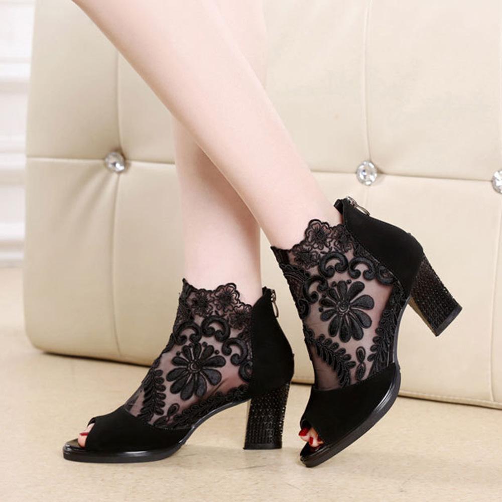 Summer Mesh High-heeled Fish-mouth Thick-heeled Women's Shoes, Fashionable Lace