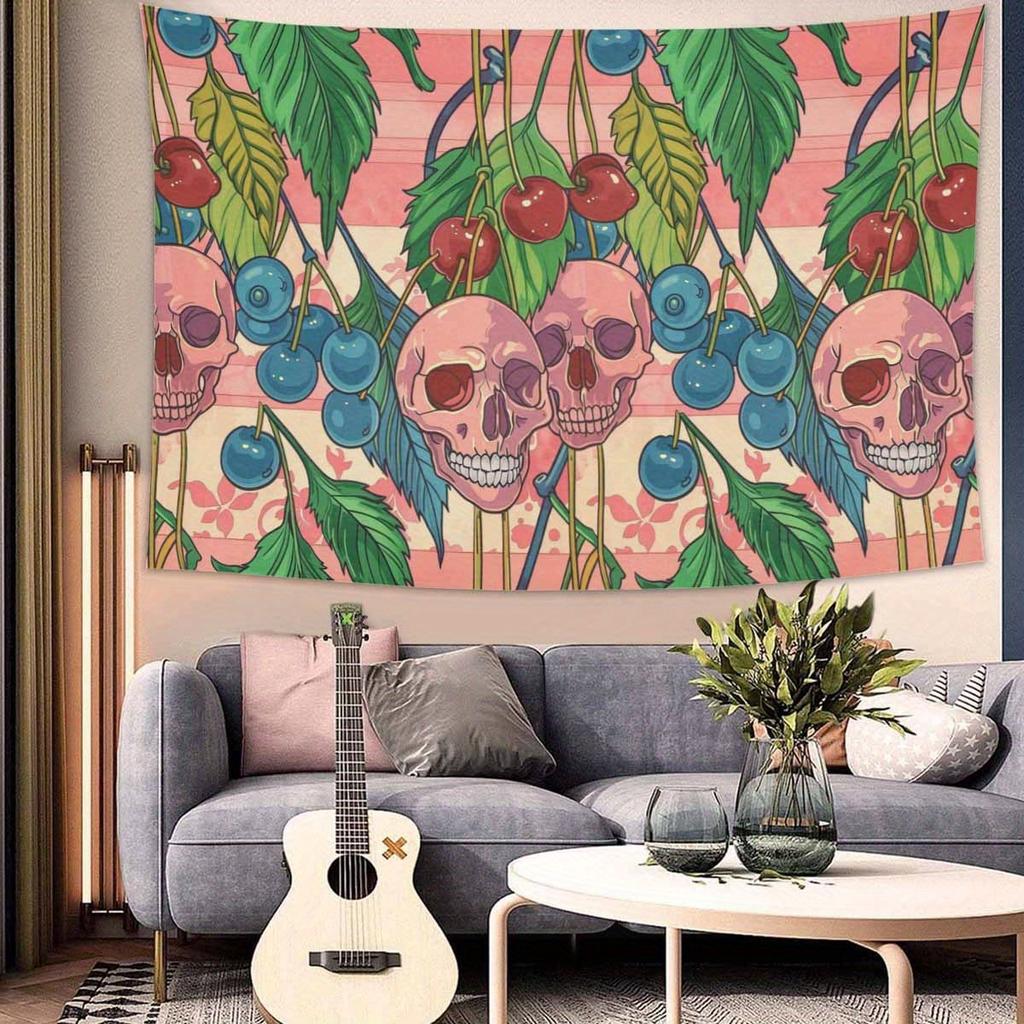 Cherry Skull Tapestry Vibrant Floral and Bone Wall Art for Bedroom or Living Room Large Decorative Hanging Add Quirky Style