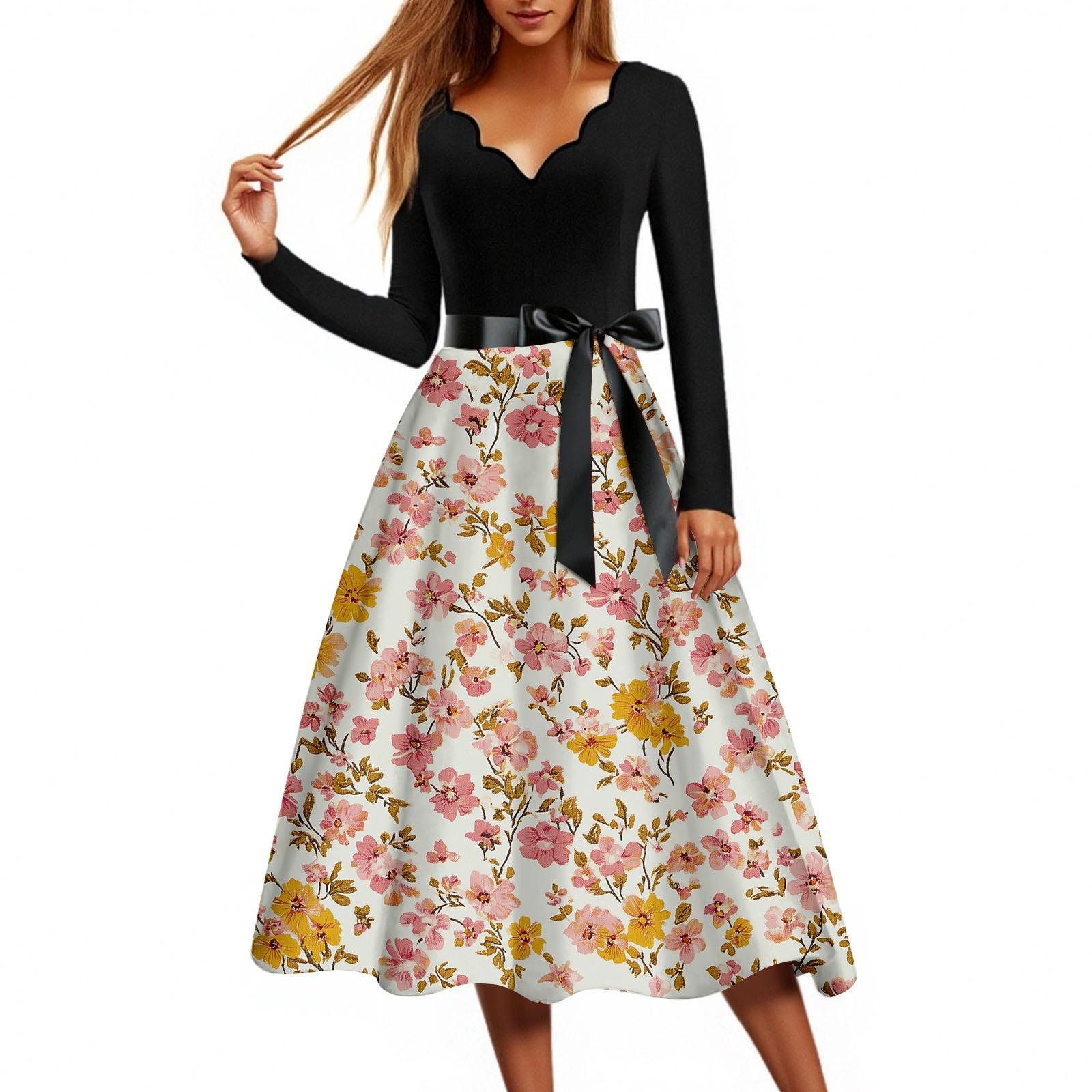 

Женское повседневное модное платье винтажного стиля с цветочным принтом и V-образным вырезом XL арбуз красный