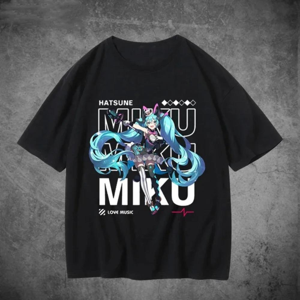 

Аниме футболка Hatsune Miku с кошачьими ушками Love Music , унисекс, уличная одежда с виртуальным певцом, оверсайз, 100% хлопок, повседневная футболка с коротким рукавом 4XL