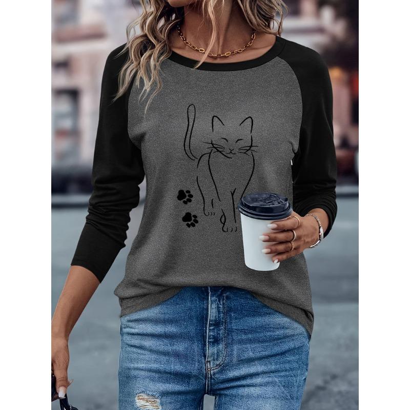 Kawaii Cat Paw Print Casual Long Sleeve T-shirt Cat Lover Shirt Winter Autumn Graphic Long Sleeved Comfortable T Shirt Woman