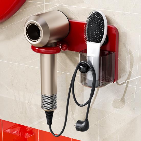 Saklama Kutulu Saç Kurutma Makinesi Tutucu, Kablo Sarma Tasarımlı Duvara Monte Edilen, Delme Gerektirmeyen Kurulum Krem Renkli Banyo Düzenleyici