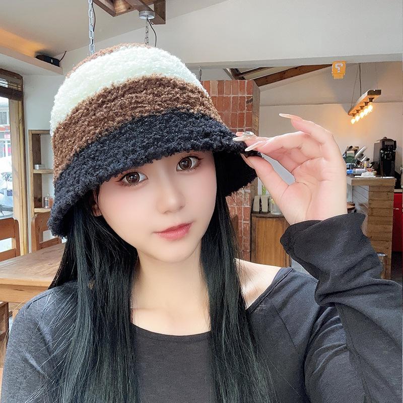 Striped Color blocking Knitted Fisherman Hat Women's Autumn and Winter Korean Version Ins Warm Wool Bucket Hat Showing Face Small Plush Basin Hat