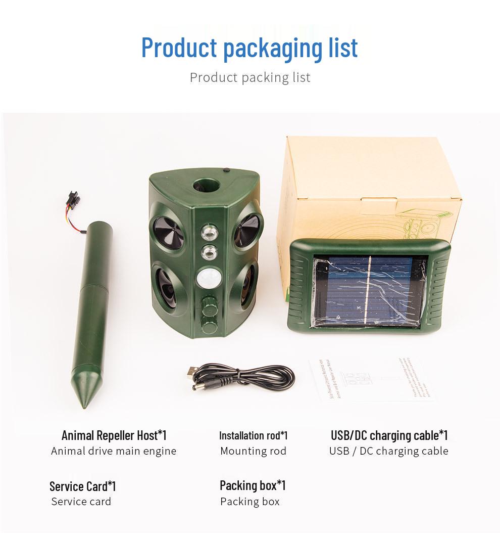 

Ультразвуковой солнечный отпугиватель животных с четырьмя динамиками для птиц, собак и мышей