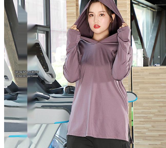 Trendy Plus Size Hooded Yoga Suit: Slimming, Medium-Long Fitness Top for Running