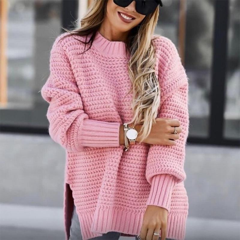 Damen Pullover mit langen Ärmeln, lockerer Strickpullover, einfarbig
