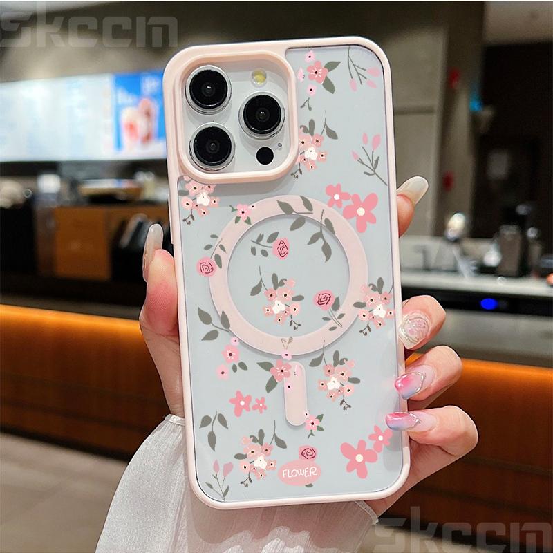 Flower Transparent Case For iPhone 16E 16 15 14 13 11 12 Pro Max Plus X XS Max XR Magsafe Magnetic Wireless Charge Phone Cover