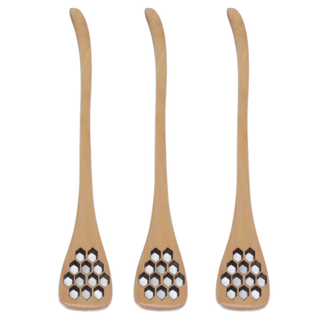 3Pcs Honey Dipper Reusable Wooden Carving Honey Spoon Mixing Stick for Home Kitchen RestaurantWood Color