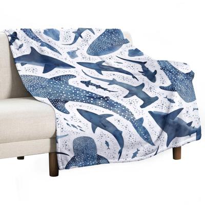 Monochrome Blue Watercolour Shark Ocean On White Throw Blanket Warm Quilt Beautifuls Blankets For Sofas Blankets