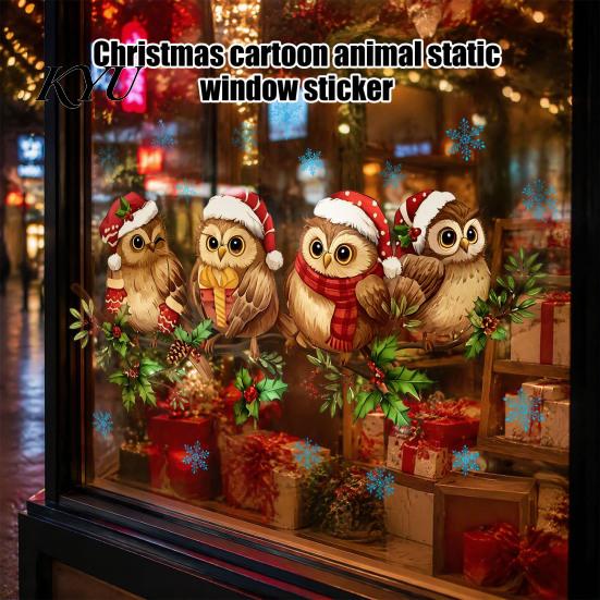 PVC Window Decorations 1/2 Sheets Christmas Cartoon Owl Cling, Standing on Branch Bird Holiday Glass Decals Static Sticker, Removable Waterproof