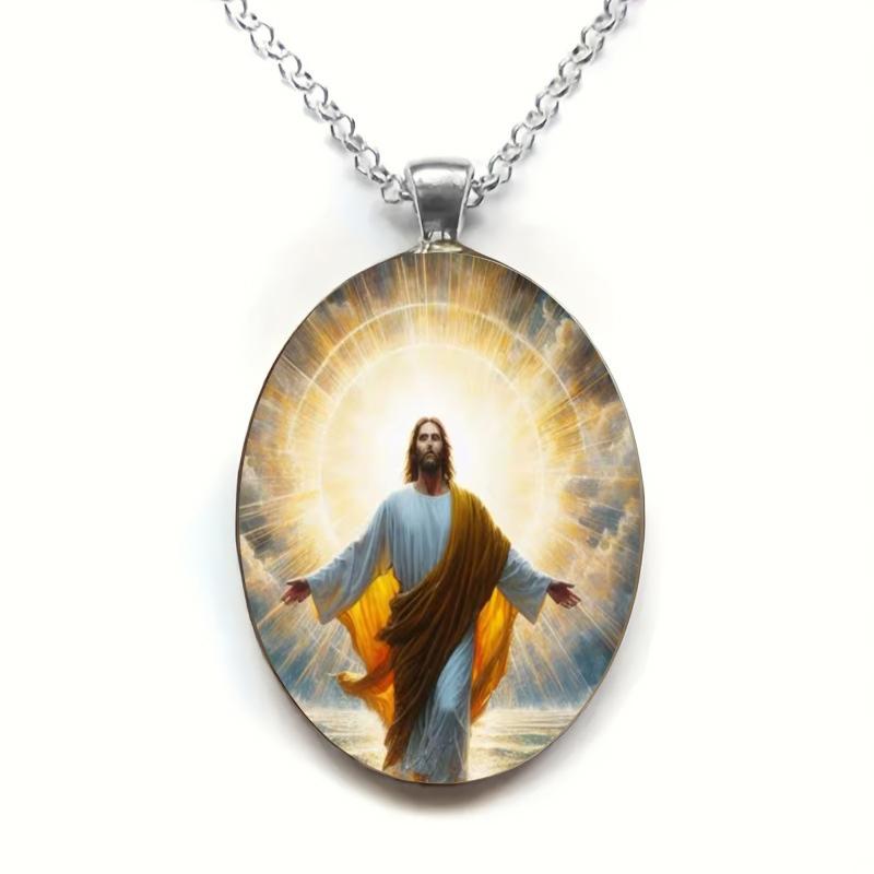A Christian Jesus Pendant of Divine Love and Faith Time Gemstone Necklace Guardian Necklace Glass Pendant Suitable for Daily Wear Unisex