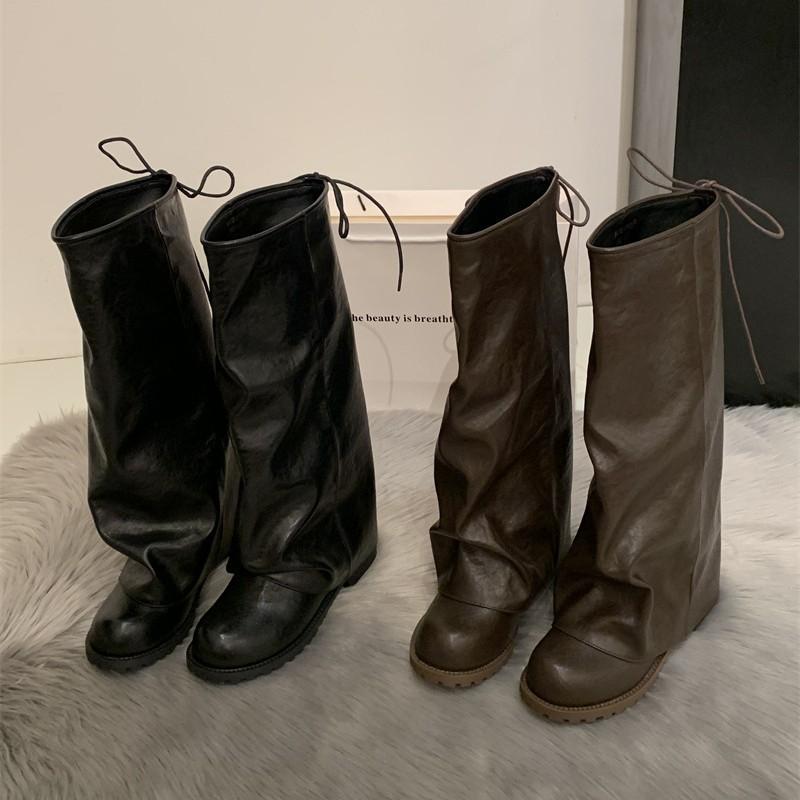 Korean version of trouser boots women's 2025 autumn and winter new Maillard retro pleated knight boots stacked boots