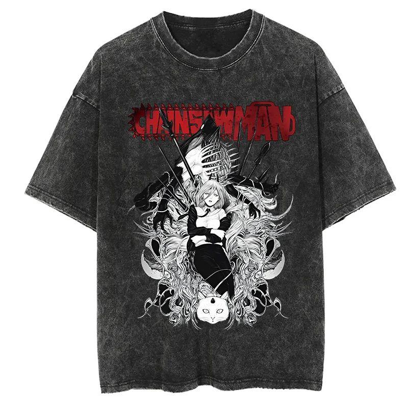 Nouveau T-shirt de haute qualité Chainsaw Man Anime pour hommes et femmes en coton avec impression lavée vintage Streetwear Rétro Hauts de Sport Fitness