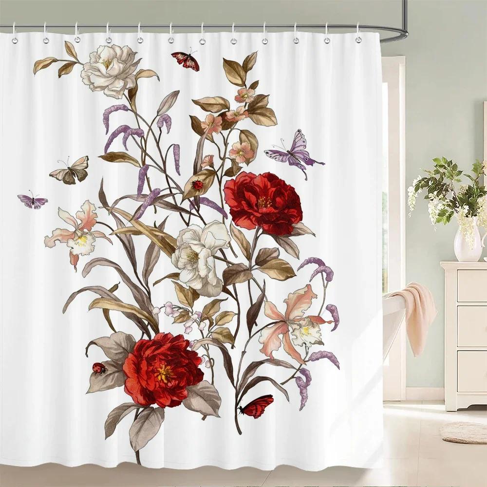 Nordic style Flower Leaf Plant Printed Fabric Shower Curtains Floral Bath Screen Waterproof Products Bathroom Decor with Hooks