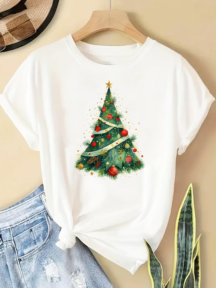 (Asian Size) watercolor letter new year T Clothing Short Sleeve T-shirts  Print merry Christmas o-neck Women's Top Fashion holiday Graphic Tee