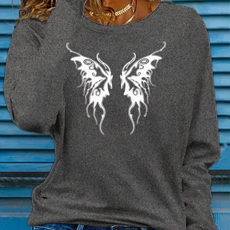 Tops For Women Butterfly Wings Print Round Neck Long Sleeve T-shirt Fall Casual Slim Pullover Women's Long Sleeve Top