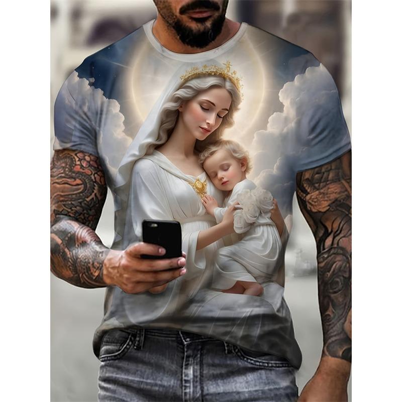 Ostern Jesus Christus Muster T-Shirt für Herren Heilige Mutter und Sohn 3D Druck Tees Sommer Kurzarm T-Shirts Rundhals Oberteil Streetwear