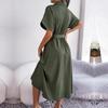 New Summer Women Casual Loose Lapel Neck Button Dress Shirt Skirt Solid Color Lace Up