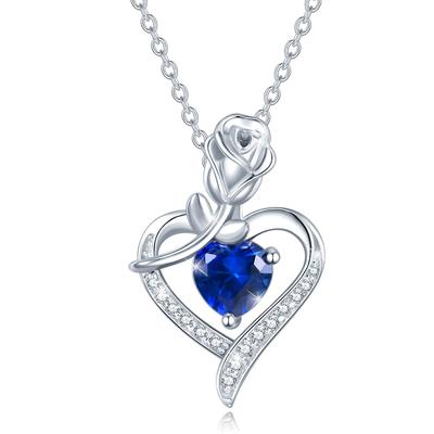 Saphir-Halskette für Frauen, Geburtsstein September, Rosenmotiv, Herz-Halskette, Silber 925, Schmuck-Accessoire, Weihnachtsgeschenk, Geburtstagsgeschenk