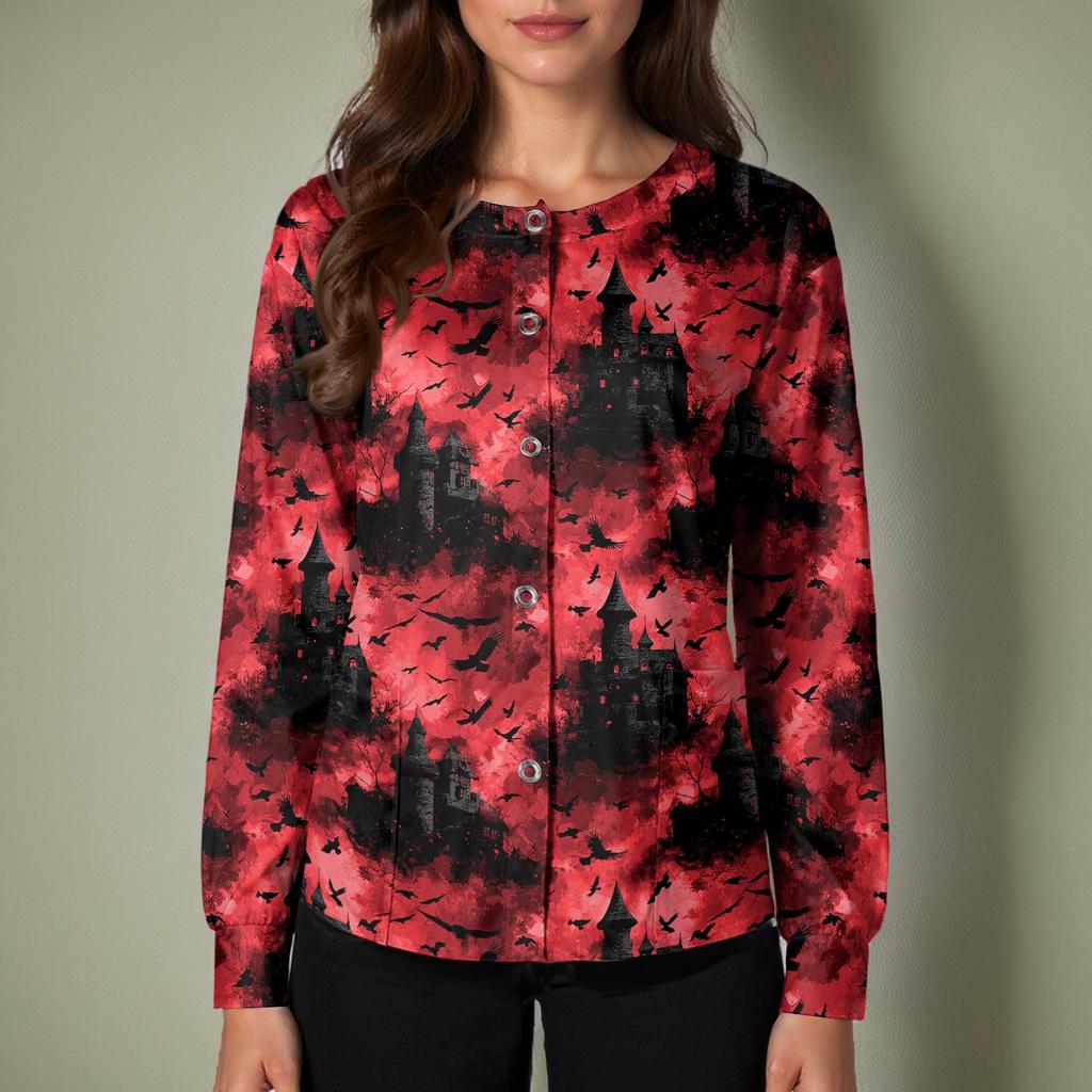 Women's Halloween Print Long Sleeve Cardigan Top with Single Button Front for Caregiver Uniform