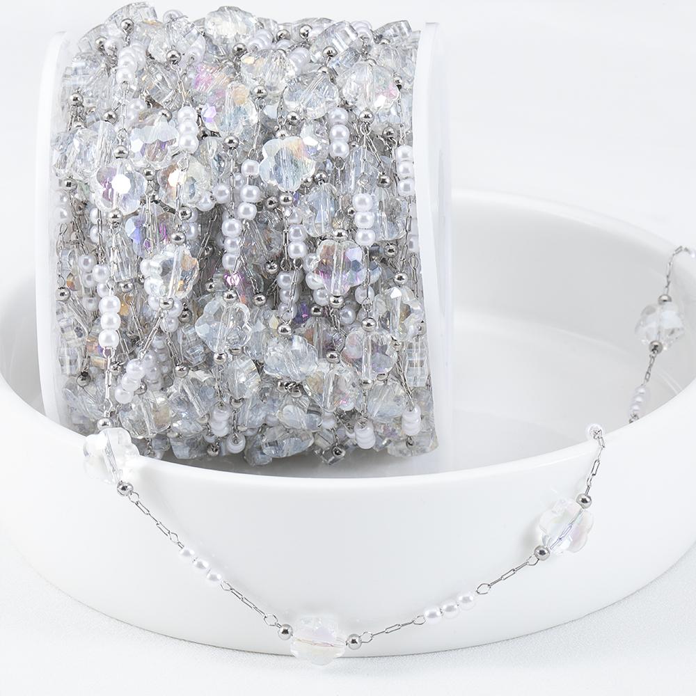 0.5M 1M PVD Plated Stainless Steel Chain Crystal Flowers Shape ABS Pearl Beaded Chains for Women DIY Handmade Necklaces Bracelet