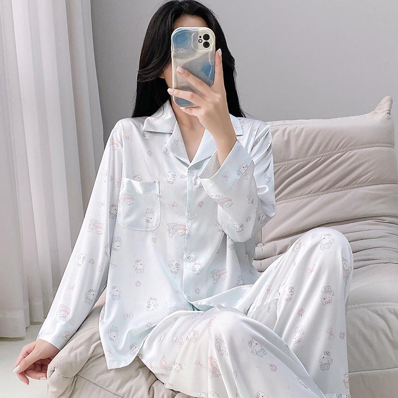 Women's Autumn/Winter Ice Silk Cartoon Pajamas, Korean-Style Sweetheart Set - Long Sleeve & Pants