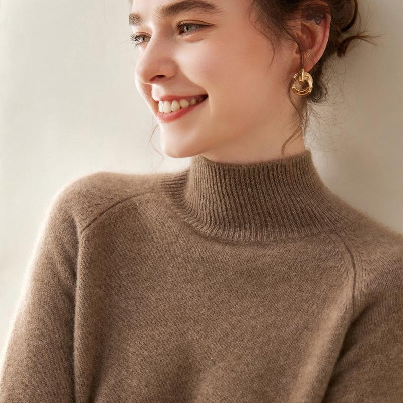Women's 100% Pure Cashmere Soft Knit Sweater, Half-High Neck, Loose, Skin-Friendly, Slimming Base Layer