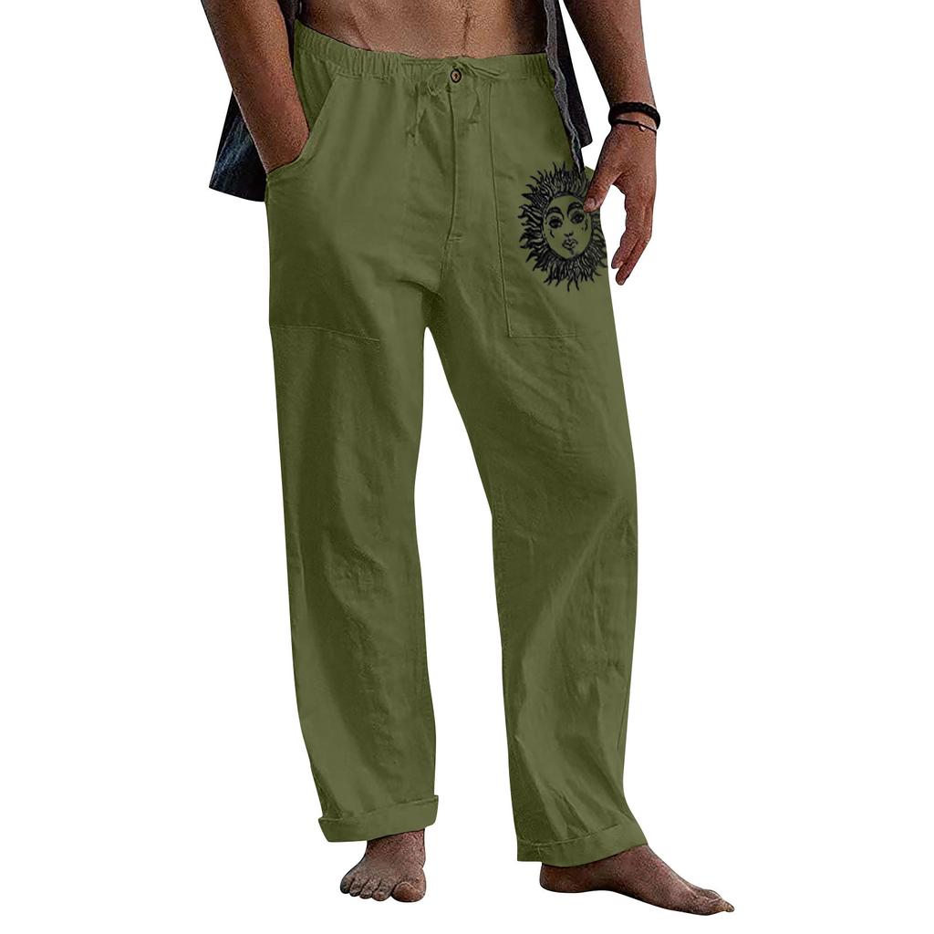 Men's Casual Loose And Comfortable Casual Pants Cotton Linen Printed Drawstring Trousers