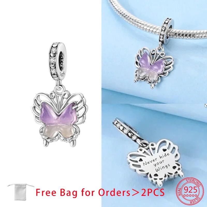 Butterfly Series Purple Zircon Butterfly Pink Butterfly Copper Charms Bead Pendant Fit Diy Bracelet Women Fine Gift Jewelry
